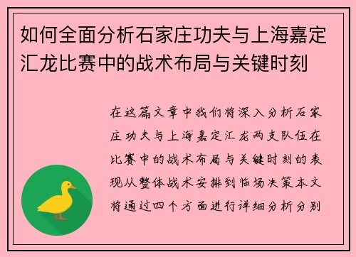 如何全面分析石家庄功夫与上海嘉定汇龙比赛中的战术布局与关键时刻